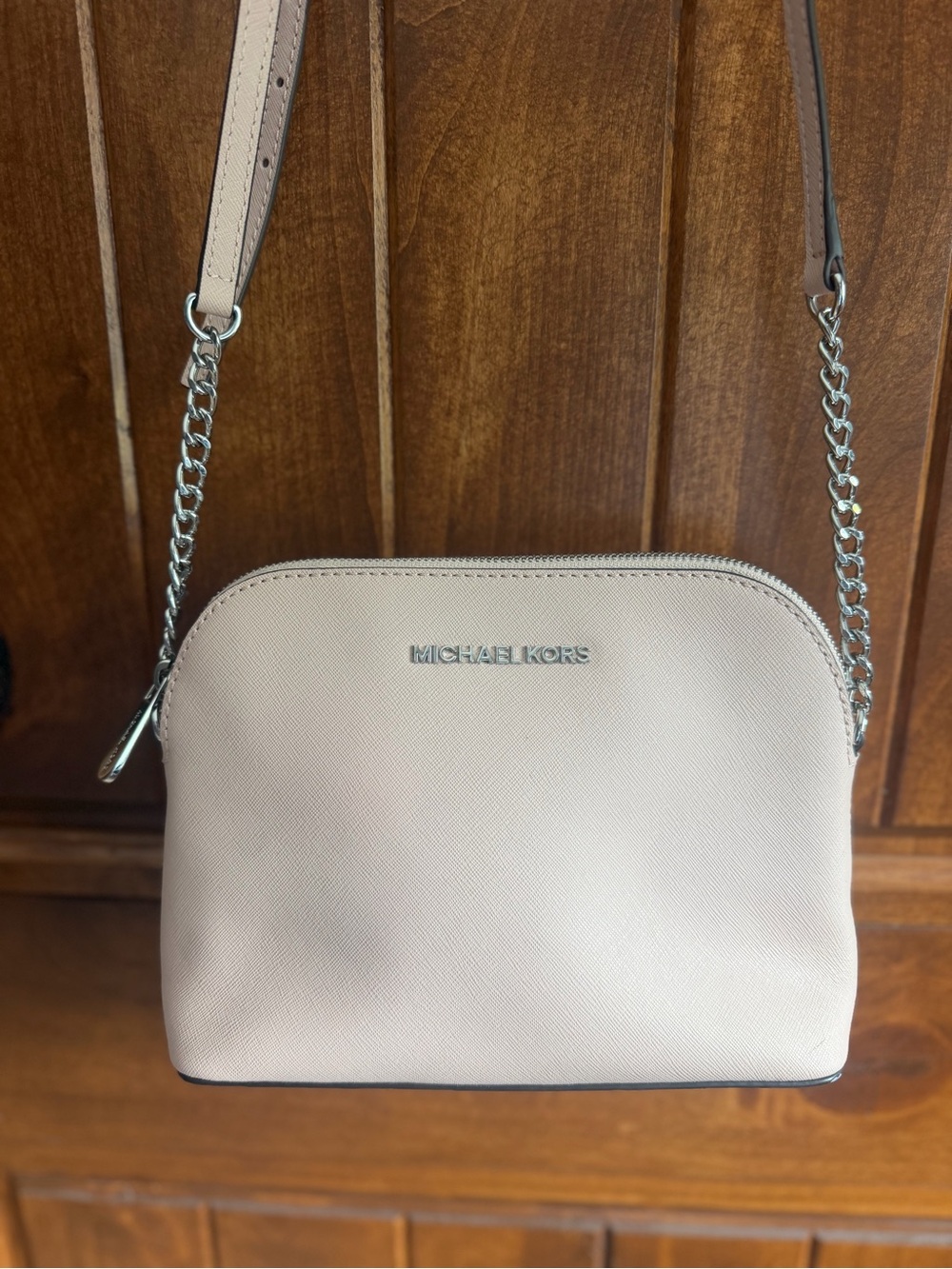 Michael Kors Pale Pink Saffiano Dome Crossbody with Chain Strap